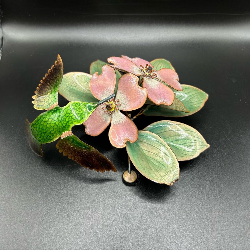 Vintage Bovano Enamel Copper Wall Art Sculpture Hummingbird & Dogwood Pink Flowe